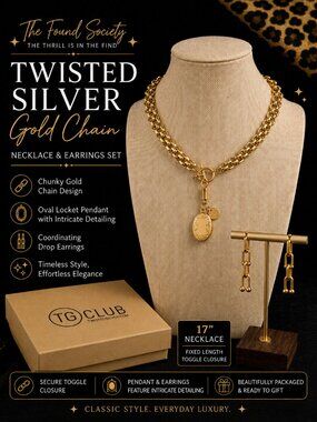 Twisted Silver Gold Chain Necklace & Earrings Set-17" Toggle Necklace | NIB